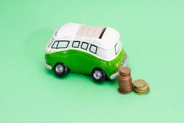 Coins stacked near the shower. Counting money to go on vacation with the motorhome