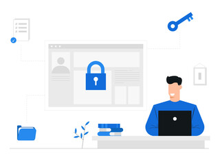 Security of business information or website,Safety technology,Antivirus and hacking system,lock,key,document,data,Social,businessman,Character illustration banner background blue