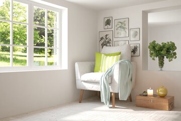 White living room with armchair and green landscape in window. Scandinavian interior design. 3D illustration