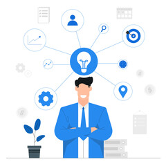Extending business ideas or creativity,Development of knowledge and skills,Success goal management,businessman character,Blue illustration background