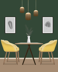 Interior of a modern comfortable dining room. Vector illustration of a table and yellow chairs