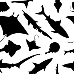 Fish shark seamless pattern. Vector black image background. - obrazy, fototapety, plakaty