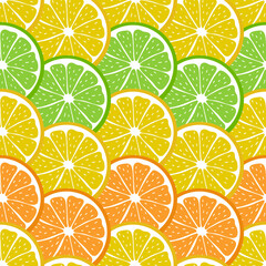 Obraz premium Seamless pattern with sliced pieces of citrus fruit. The colored backdrop of tropical fruits. Stock vector illustration. Ideas for creative designs of backgrounds, cards, print, packaging, textile.