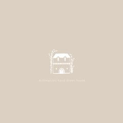 House hand-drawn icon. Vector illustration of a building in a simple cartoon Scandinavian style. White sketch drawing on a pastel beige background. Can be used for logo