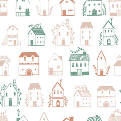 Scandinavian houses seamless pattern. Vector hand-drawn illustration of a building in a simple childish cartoon style. Cute sketch drawing in a limited pastel palette on a white background