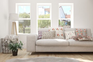 White living room with sofa. Scandinavian interior design. 3D illustration