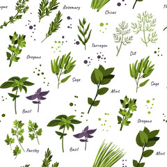 Culinary herbs seamless pattern. Cartoon flat style. Doodle hand drawn background for textile, packaging, wrapping.