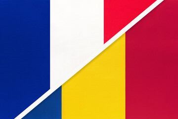 France and Romania, symbol of two national flags from textile. Championship between two european countries.