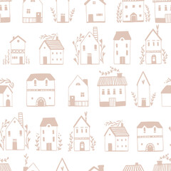 Obraz na płótnie Canvas Scandinavian houses seamless pattern. Vector hand-drawn illustration of a building in a simple childish cartoon style. Cute sketch beige drawing on a white background