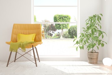 White living room with armchair and green landscape in window. Scandinavian interior design. 3D illustration