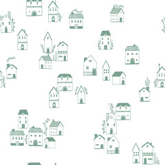 Scandinavian houses seamless pattern. Vector hand-drawn illustration of a building in a simple childish cartoon style. Cute sketch drawing pastel green on a white background
