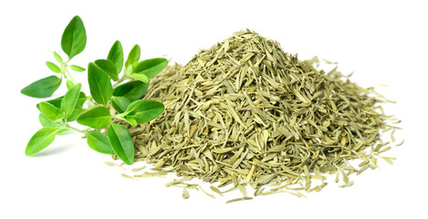 dried thyme leaves and fresh thyme isolated on white background