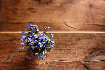 Obraz na płótnie Canvas Blue wildflowers in a glass cup on a wooden background. Forget me nots.
