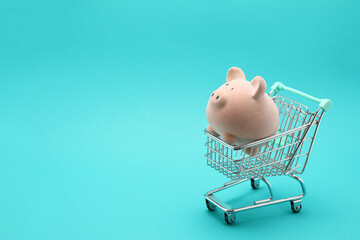 Toy pink piggy bank inside shopping cart isolated on aquamarine background 