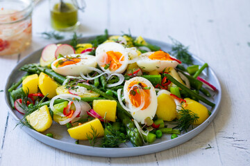 Summer salad with potatoes, green beans, asparagus, peas and radishes