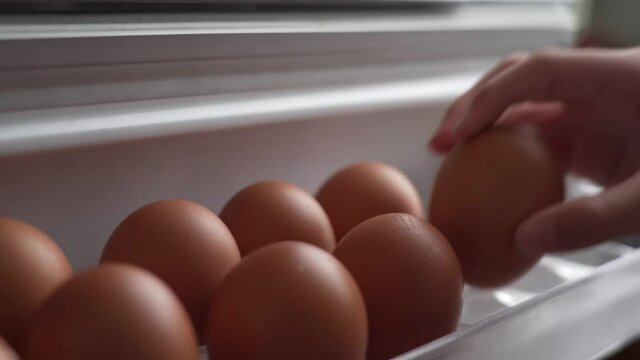 Closeup hand putting an eggs in the fridge shelf