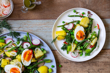 Summer salad with potatoes, green beans, asparagus, peas and radishes