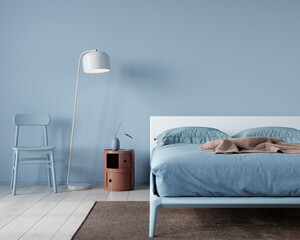 Bedroom interior in light blue with a minimalist bed - obrazy, fototapety, plakaty