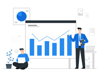 Growth in business and investment,Team work concept,Businessman are showing a growth rate,Data reporting with graph and chart,Blue tone vector illustration