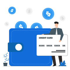 Man with a credit card,finance,bank,saving money,deposit,transfer,withdrawal,The concept of spending money via ATM card,Blue tone vector illustration