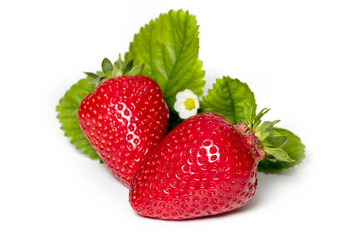 Strawberries with leaves. Isolated on a white background.