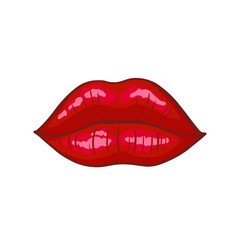 Kiss - womans lips. Hot sexy red kissed. Beautiful sticker isolated on white. Vector illustration in retro pop art or comics style. 3D effect.