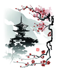 Sakura branch on the background of the pagoda. Vector illustration in traditional oriental style. The hieroglyph - Harmony. © shark192009