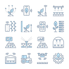 Smart Farm and Food science related blue line colored icons. Farm technologies icon set.
