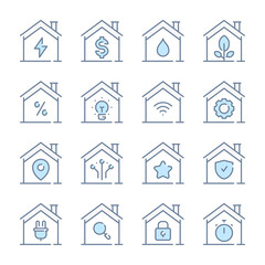 Smart home related blue line colored icons. Utilities and Public Service icon set.