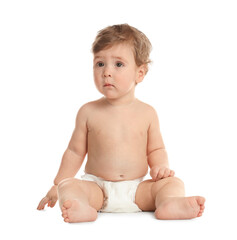 Cute little baby in diaper on white background