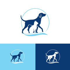 animal logo with pets silhouettes, a dog and cat combined in a vet symbol. vector - 354870258
