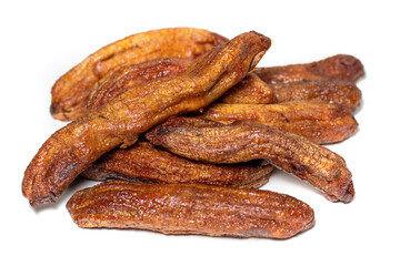 dry bananas pile against white background