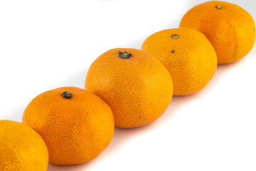 Group of Satsuma Mandarine in a line isolated on a white background,