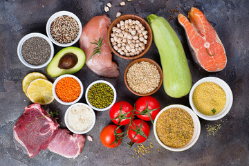 Organic Healthy food Clean eating selection Including Certain Protein Prevents Cancer: fish, meat, spice, vegetable, cereal