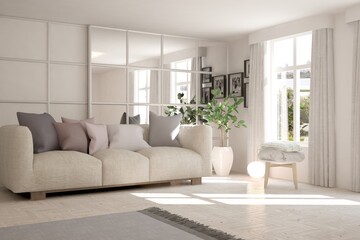 Fototapeta premium White living room with sofa. Scandinavian interior design. 3D illustration