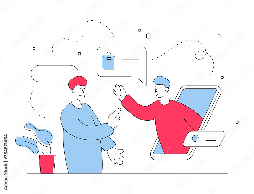 Poster man chatting with support agent of online store