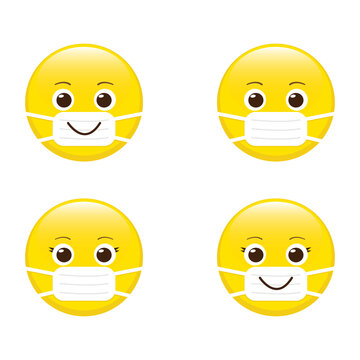 Cartoon emoji set with mouth mask
