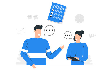 Discussion for working as a team,Communication at work,Man and women talking about business documents,Teamwork management,Cooperation,Blue tone background vector illustration