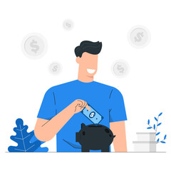 Man putting a bank note in piggybank,Concept of saving money for investment,Finance,banking and accounting,cash,Blue tone background vector illustration