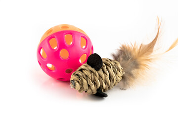 Cat Toys,  wicker mouse and orange and pink ball.
