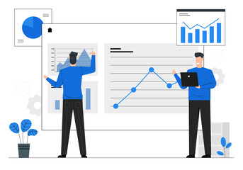 Analysis of business growth and investment,Teamwork concept,Data reporting by graph,Market trend,Blue tone vector illustration