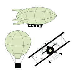 balloon, airship, airplane, set on a white background, vector illustration
