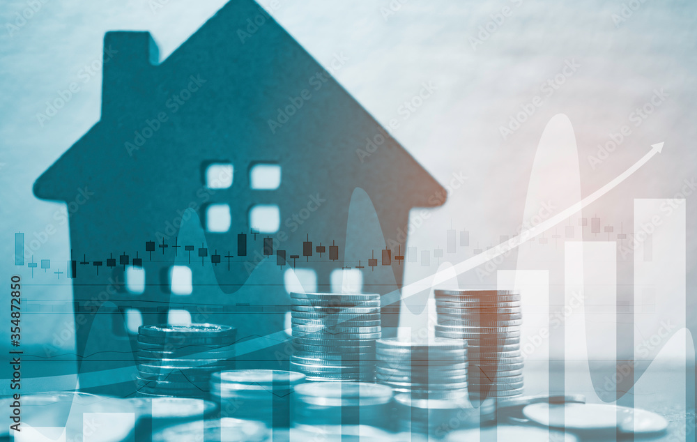 Poster double exposure of coins stack and home model with business graph in concept of money save.