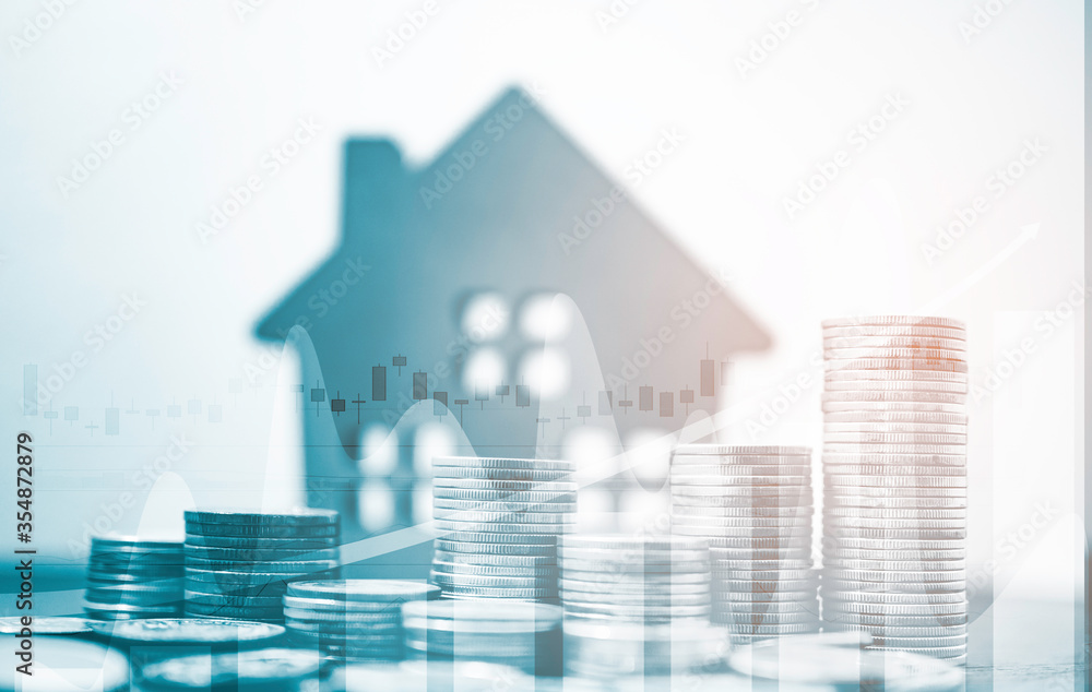 Poster double exposure of coins stack and home model with business graph in concept of money save.