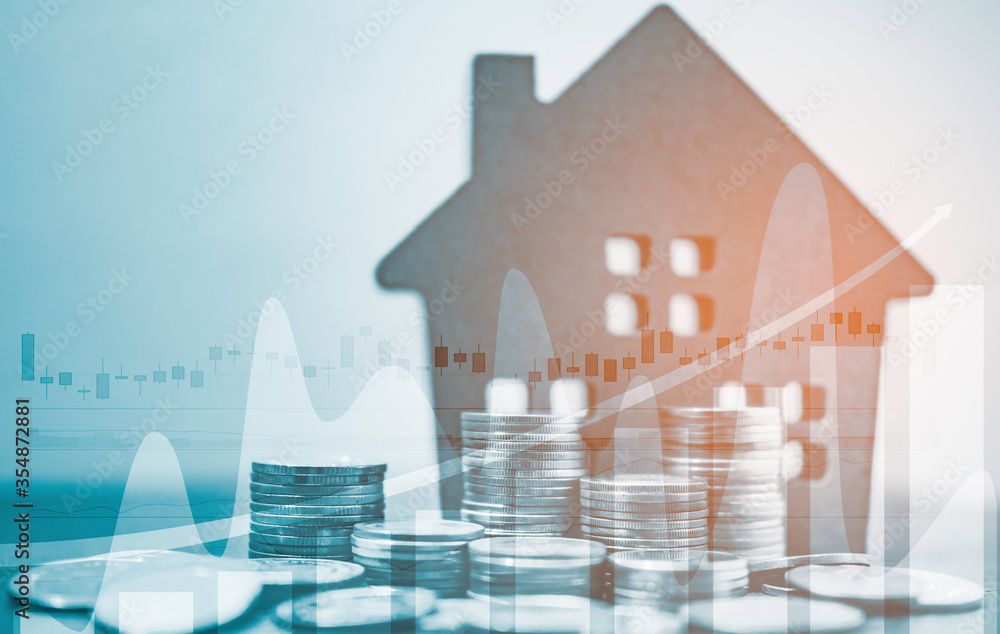 Poster double exposure of coins stack and home model with business graph in concept of money save.