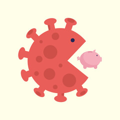 Coronavirus impact on the personal and business finance system. Giant corona virus cell swallows piggy bank. People lose money concept. Covid world-wide pandemic and world crisis vector illustration
