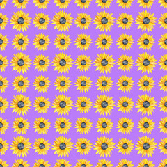 Watercolor seamless pattern with yellow sunflowers on purple background. Hand painted illustration.