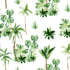 Watercolor tropical plants and trees seamless pattern. Africa summer kids jungle background, savannah pattern for the wrapping paper, textile fabric, wallpaper decor