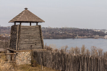 Wooden watchtower in the national reserve "Zaporizhzhia Sich" on the island of Khortytsia in Zaporizhzhia. Ukraine