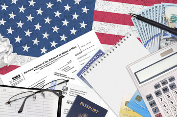 IRS form 8302 Electronic deposit of tax refund of 1 million or more lies on flat lay office table...